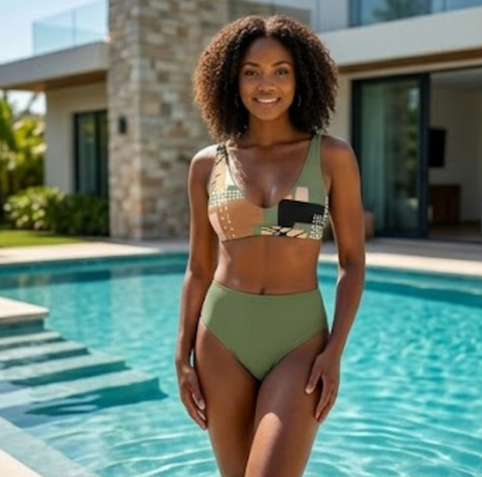Desert Mosaic High-Waisted Bikini (Army Green) UPF 50+ Protection