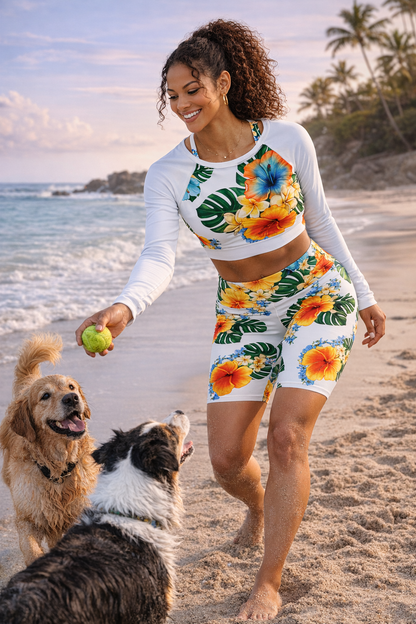 Paradise Bloom White long-sleeve crop top UPF 50+