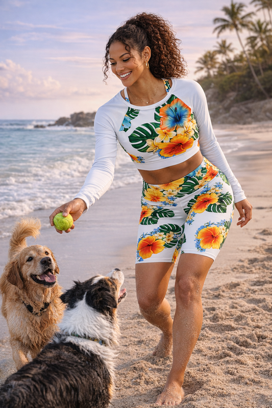 Paradise Bloom White long-sleeve crop top UPF 50+