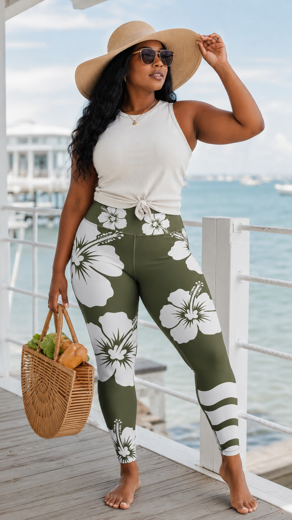 Hibiscus Wave Army Green High Waist Leggings UPF 50+